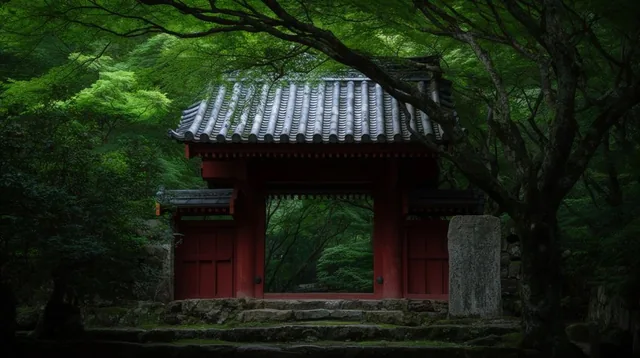 traditional red wooden gate with grey tile roof, lush green forest canopy, mossy stone steps, w...