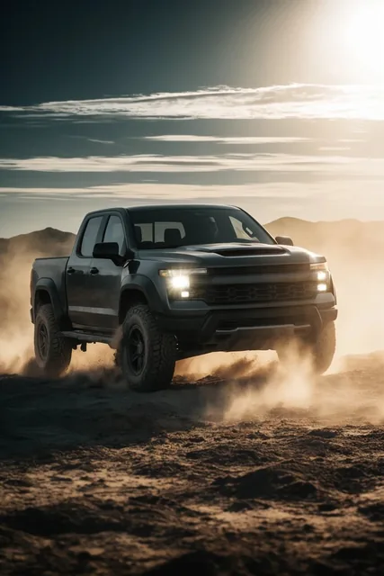 A dark grey crew-cab pickup truck kicks up plumes of backlit dust from rugged all-terrain tires...