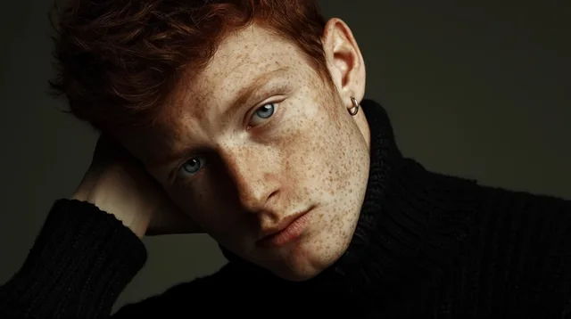 close-up studio portrait of a young man with textured auburn hair and heavily freckled pale ski...