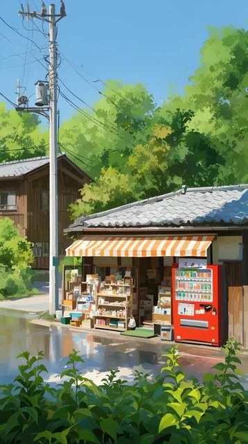 serene street corner, small traditional shop, orange and white striped awning, bright red vendi...
