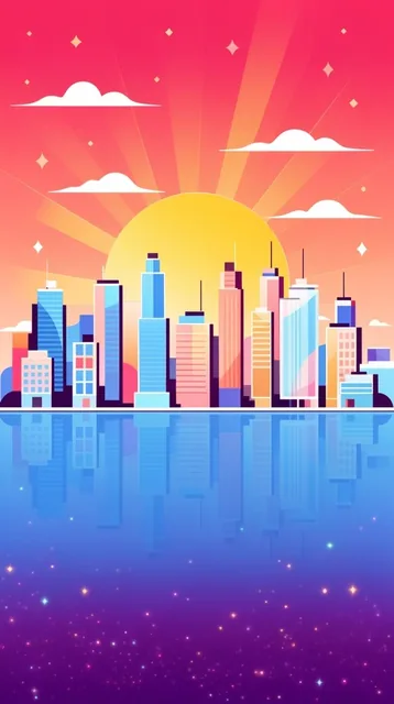 Vibrant vector illustration of a geometric cityscape at sunrise. Flat skyscrapers in pastel blu...