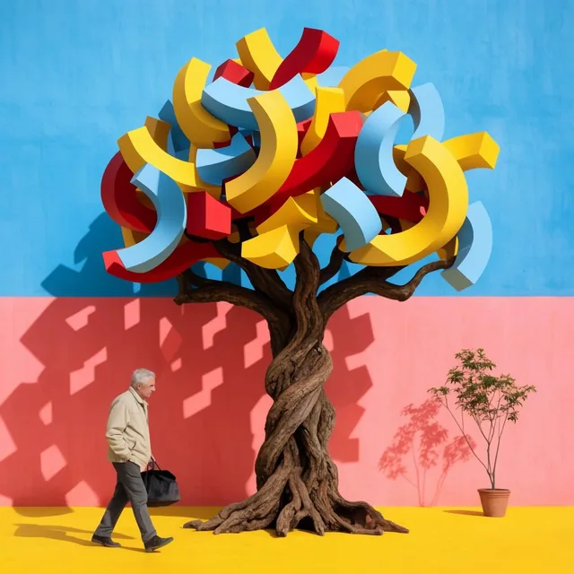 A striking tree sculpture pairs a twisting brown trunk with an abstract canopy of interlocking...