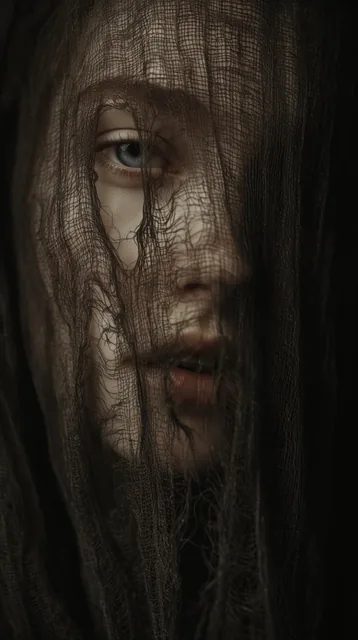 A close-up portrait of a pale face obscured by a loosely woven, tattered dark mesh fabric. One...