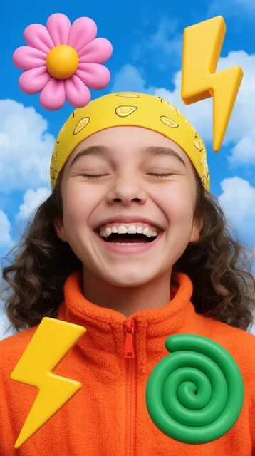 A laughing girl with closed eyes wears a yellow bandana and orange fleece. Floating around her...