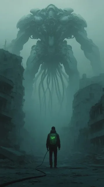 colossal biomechanical entity looming over a lone figure in a ruined city, giant mechanical str...