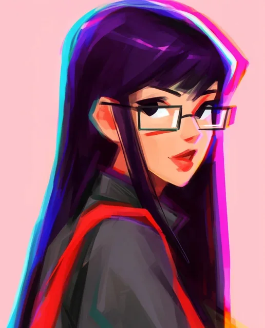 A stylized digital portrait of a young woman glancing over her shoulder against a solid pastel...