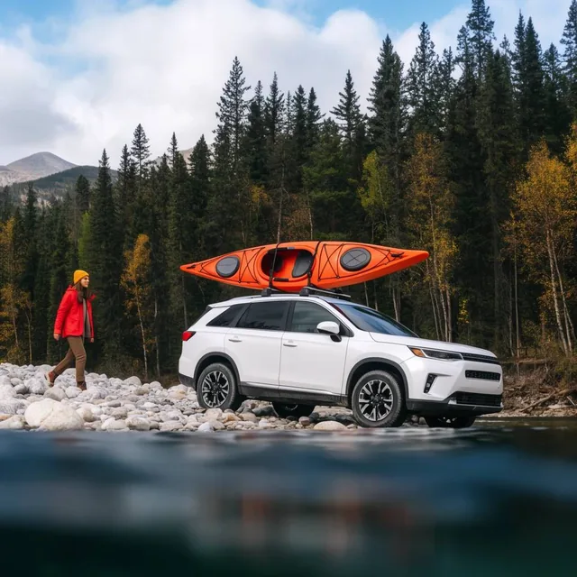 A crisp white SUV parked on a rocky riverbank carries a bright orange kayak strapped upside dow...