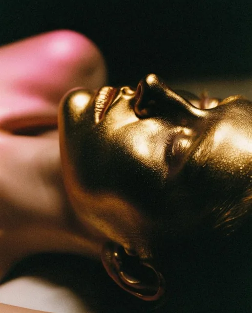 close-up profile of a human face covered in reflective metallic gold paint, lying down with eye...