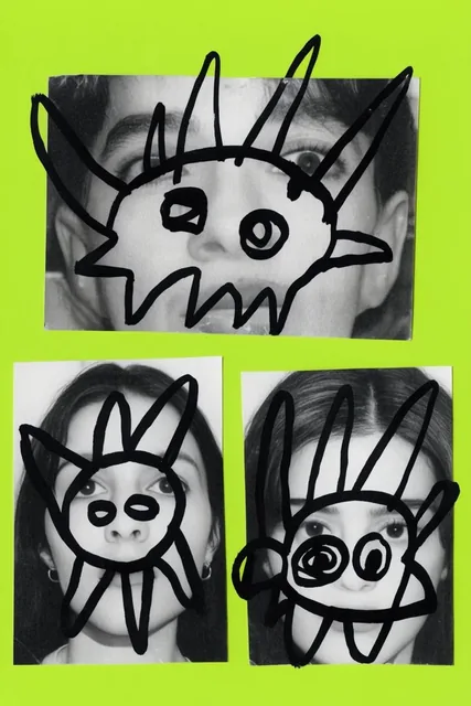 three black-and-white portraits on solid lime green background, thick black marker doodles of a...