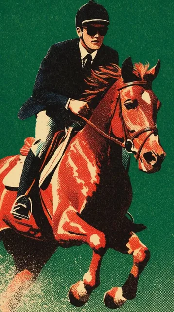 A vintage graphic illustration of a man riding a jumping horse against a dark green background....
