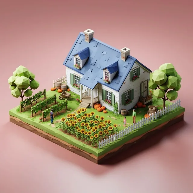 An isometric low-poly 3D diorama of a rustic white farmhouse with a blue gabled roof, resting o...