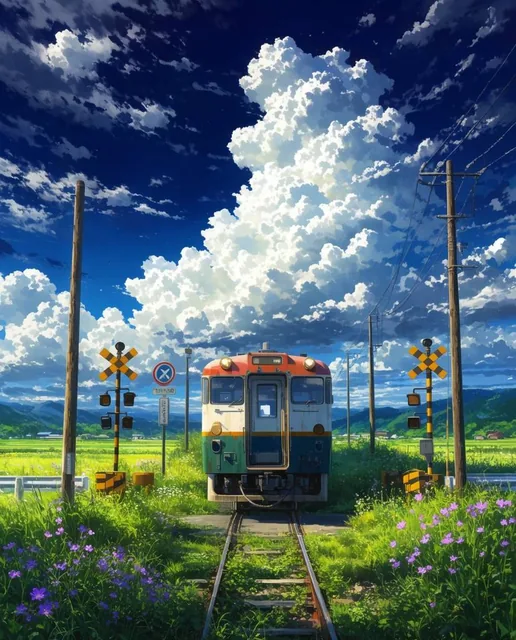 vibrant anime-style rural landscape, single passenger train car on overgrown tracks approaching...