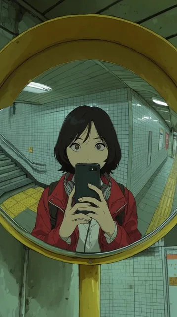 A 2D digital illustration captures a young woman taking a selfie through a thick yellow-framed...