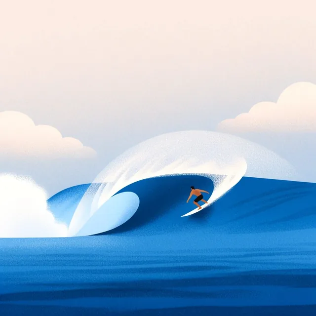 A minimalist textured illustration of a surfer carving a smooth blue wave, trailing a sweeping...
