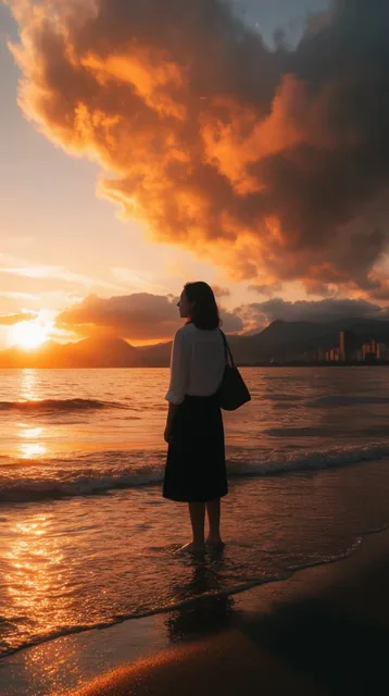 A barefoot woman in a white shirt and dark skirt stands in the shallow surf of a beach at sunse...