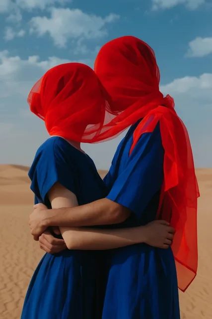 Two figures embrace in a sandy desert under a blue sky with scattered clouds. Translucent red f...