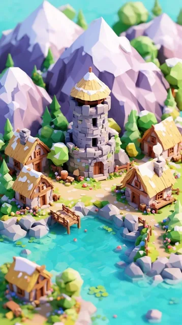 Low poly isometric 3D diorama of a miniature village, snow-capped mountains, stone tower, thatc...