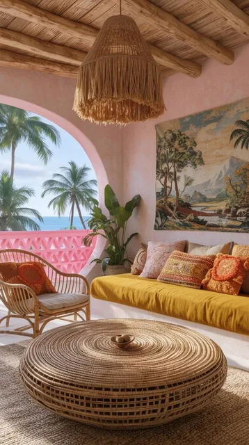 tropical boho living space, large woven circular coffee table, rattan armchair, mustard daybed...