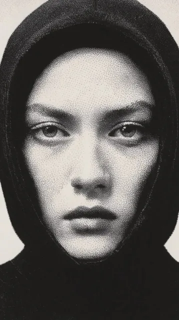 A close-up portrait of a face tightly framed by a solid black hood, rendered entirely in a high...