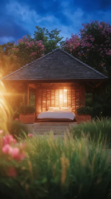 An open-air tropical cabana with a pitched shingled roof houses a plush white bed illuminated b...