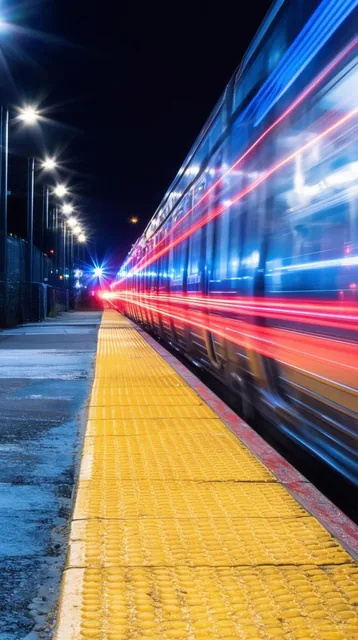 commuter train at night, long exposure red and blue light trails, yellow tactile platform edge,...
