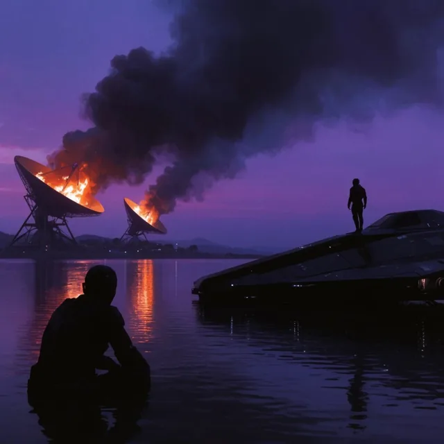 cinematic wide shot of a twilight sci-fi landscape, deep purple sky reflecting on calm water, t...