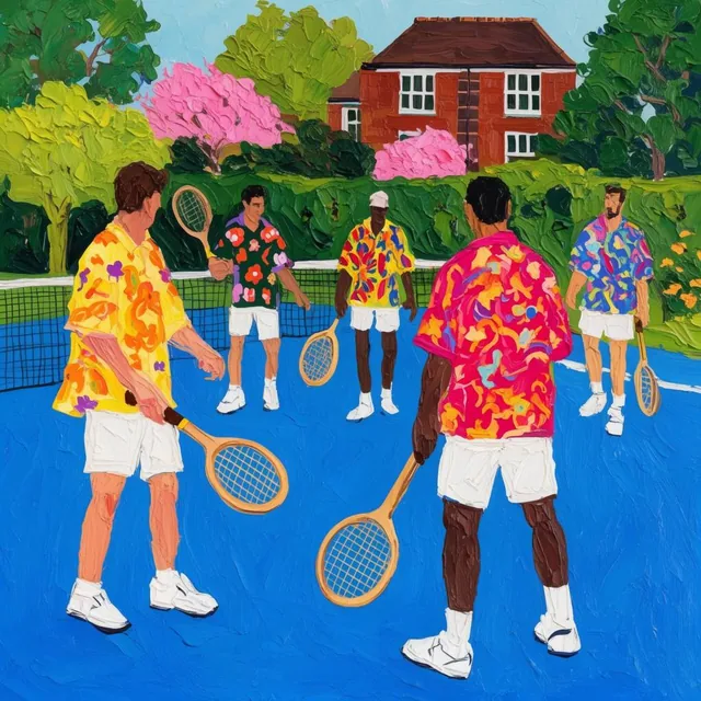 Vibrant impasto painting of diverse men playing tennis in a stylized garden. The figures wear b...
