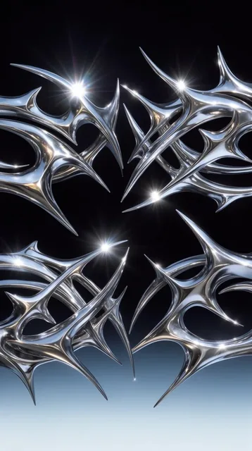 Abstract interlocking metallic shapes, highly polished chrome material, jagged thorn-like protr...