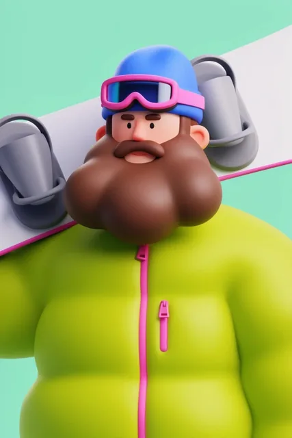 3D stylized snowboarder, exaggerated puffy brown beard, bulky lime green jacket with pink zippe...