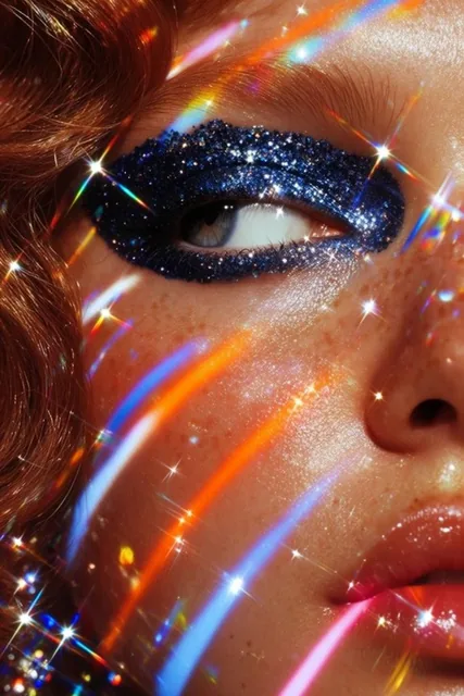Extreme close-up face portrait bathed in prismatic rainbow light streaks, intense sideward gaze...