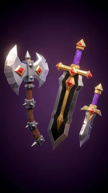 Three floating low-poly 3D fantasy weapons against a dark purple background. A silver double-bi...