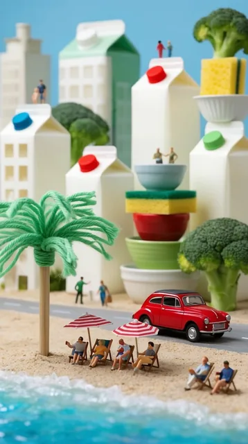 Macro photograph of a miniature diorama. Tiny figures relax on a sandy beach under striped umbr...