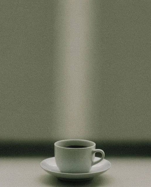 white ceramic cup and saucer centered at very bottom, dark liquid, vast vertical negative space...