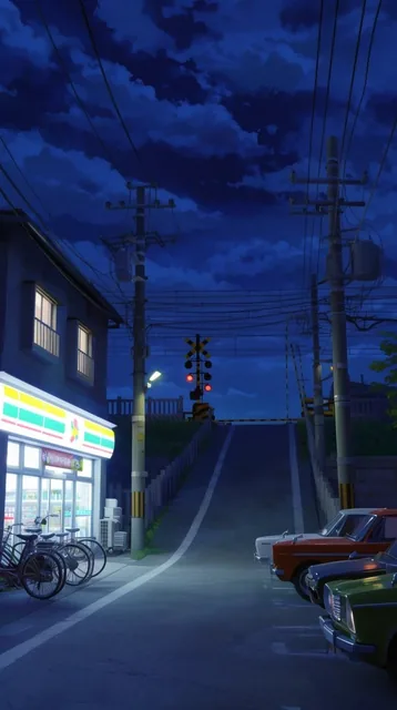 3D anime style nighttime street, brightly lit convenience store, parked bicycles, steep uphill...