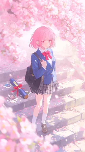 A girl with short pink hair in a blue blazer and plaid skirt stands on petal-strewn stone steps...