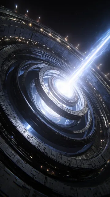 A colossal orbital megastructure composed of deep concentric metallic rings layered with intric...