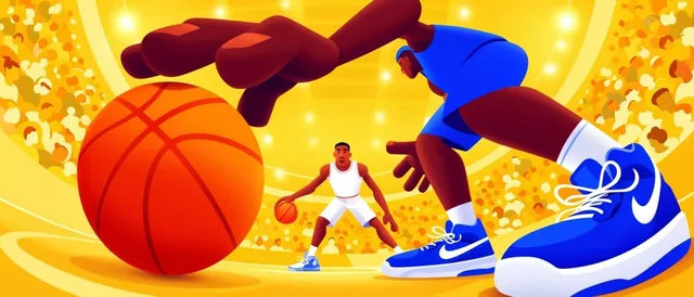 stylized basketball face-off, extreme fisheye perspective, giant orange basketball and oversize...