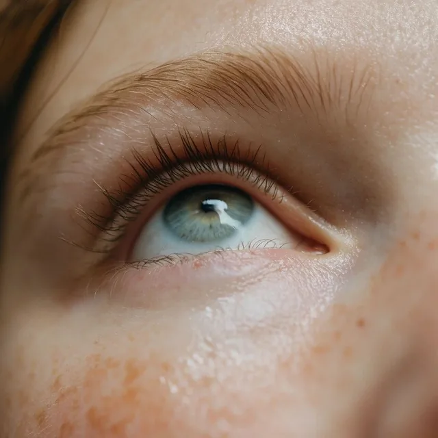 Extreme macro photography of a light blue-green eye gazing upward, framed by delicate eyelashes...