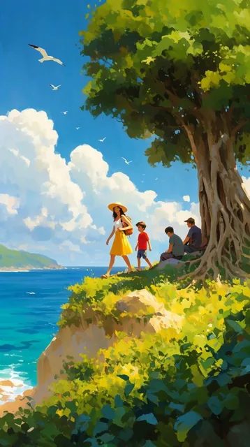 A vibrant painterly landscape of a sunny coastal cliff overlooking an azure ocean. A woman in a...