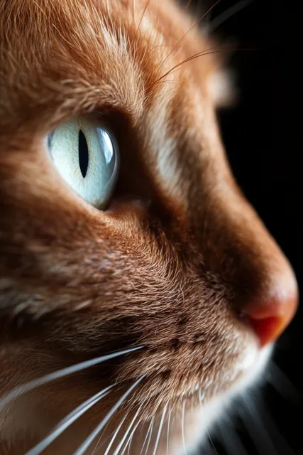extreme macro profile of a ginger cat, sharp focus on a luminous pale blue-green eye with a ver...