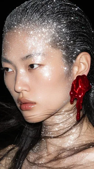 Close-up high-fashion portrait of an East Asian woman gazing intensely to the side, her face, n...