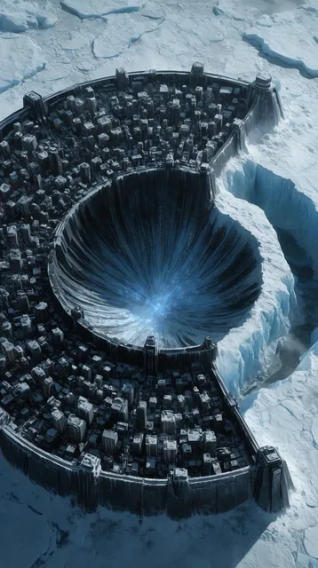 A colossal circular fortress city of dark steel and frost-covered blocks dominates a glacial ic...