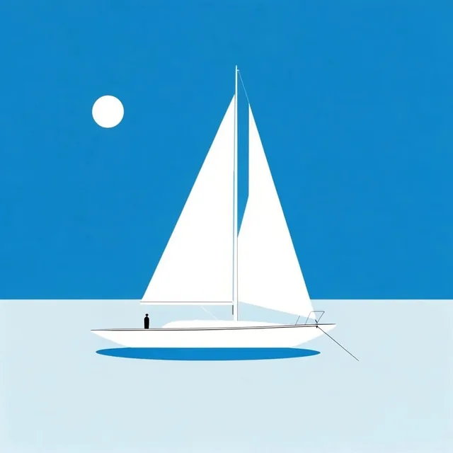 A flat, minimalist vector illustration of a pristine white sailboat floating on pale icy blue w...