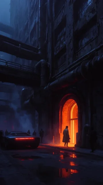A dark, futuristic urban street scene features a lone figure in a trench coat approaching an in...