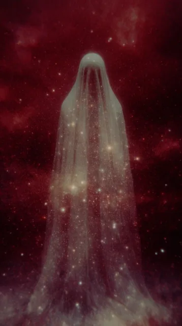 A faceless humanoid figure draped in a floor-length shroud stands centrally within a deep crims...