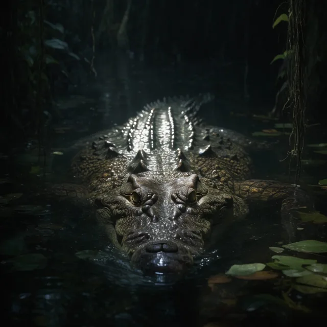 large crocodile swimming in dark swamp water, prominent illuminated back scales, snout breaking...