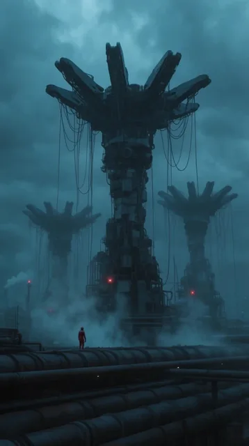 Colossal mechanical towers with multi-pronged tops and hanging cables dominate a misty industri...