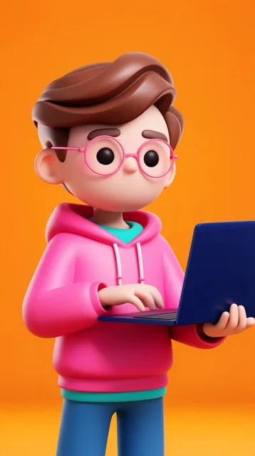 3D stylized cartoon character, oversized head with swooping smooth brown hair, round pink glass...