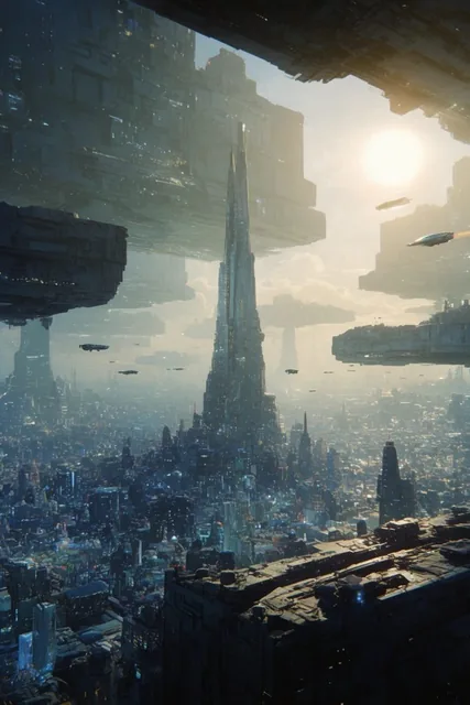 A vast futuristic metropolis stretches toward the horizon beneath a hazy, sunlit sky, dominated...