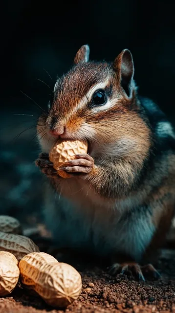 A macro wildlife photograph of a chipmunk holding a peanut in its front paws. The rodent featur...
